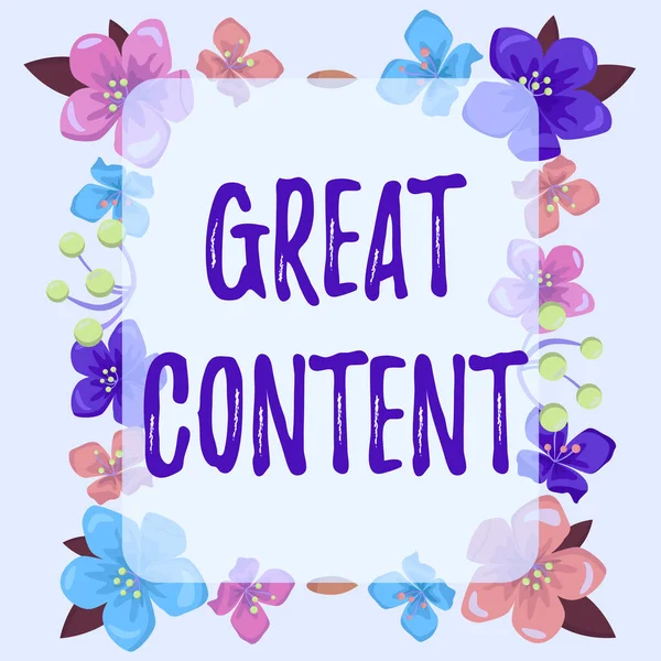 Text caption presenting Great Content. Business concept Satisfaction Motivational Readable Applicable Originality Frame decorated with colorful flowers and foliage arranged harmoniously. — Foto de Stock