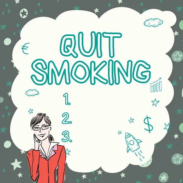 概念标题戒烟。商业途径停止使用或停止使用吸烟成瘾的例子：女性独自思考以寻求新的惊人的战术理念. — 图库照片