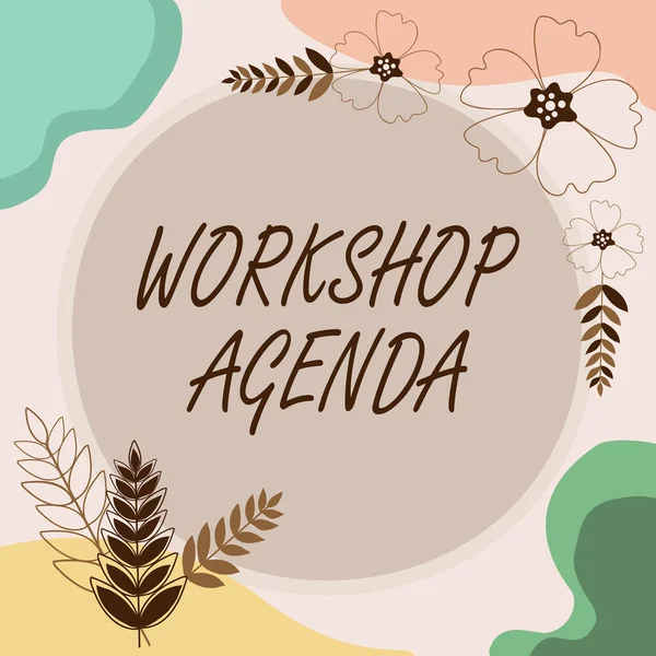Text med presentation av Workshop Agenda. Business approach hjälper dig att se till att din plats stannar på schemat Blank ram dekorerad med abstrakta moderniserade former blommor och oliage. — Stockfoto