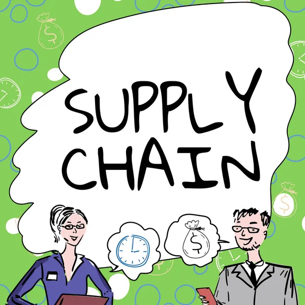 Text showing inspiration Supply Chain. Concept meaning System of organization and processes from supplier to consumer Team Members Looking At Whiteboard Brainstorming New Solutions. — Stock Fotó