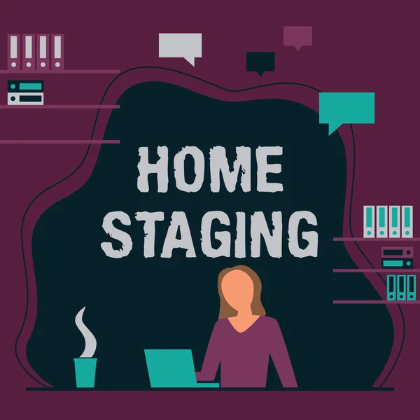 Podepsat zobrazení Home Staging. Internet Koncept Zákon o přípravě soukromé rezidence k prodeji na trhu Žena sedí na stole Práce a prezentace nových technologií. — Stock fotografie