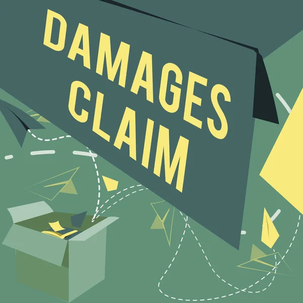 Text showing inspiration Damages Claim. Business showcase Demand Compensation Litigate Insurance File Suit Open Box With Flying Paper Planes Presenting New Free Ideas — Foto Stock