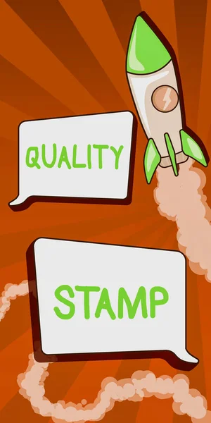 Hand writing sign Quality Stamp. Business idea Seal of Approval Good Impression Qualified Passed Inspection Rocket Ship Launching Fast Straight Up To The Outer Space. —  Fotos de Stock
