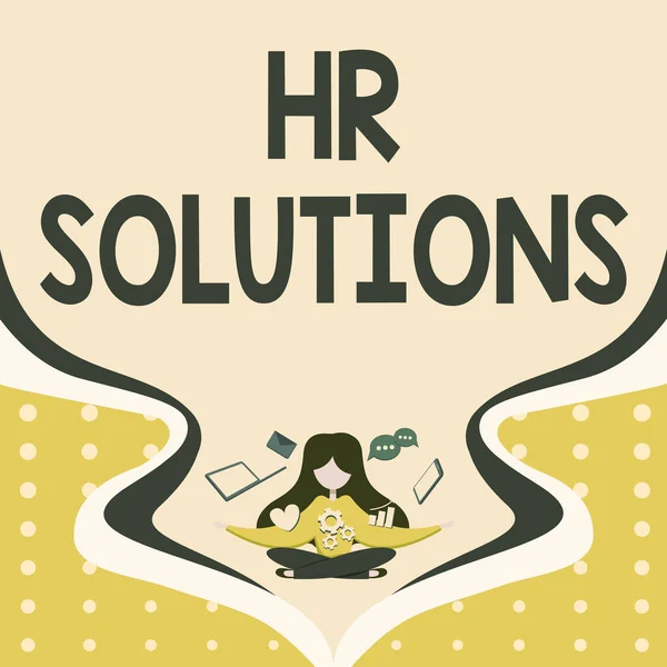 Handwriting text Hr Solutions. Business showcase Outsourced Human resources consultancy and support Experts Woman Surrounded With Technological Devices Presenting Future Advances. — Foto Stock