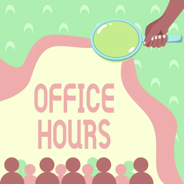 Conceptual display Office Hours. Conceptual photo The hours which business is normally conducted Working time Hand Holding Magnifying Glass Examining Socio Economic Structure. — Foto Stock