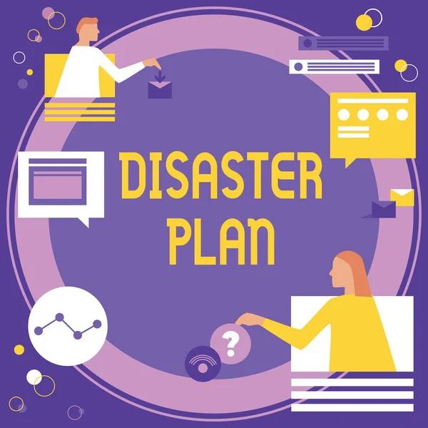 Text caption presenting Disaster Plan. Conceptual photo Respond to Emergency Preparedness Survival and First Aid Kit Colleagues Having Online Meeting Discussing Future Project Plans. — Stock Fotó