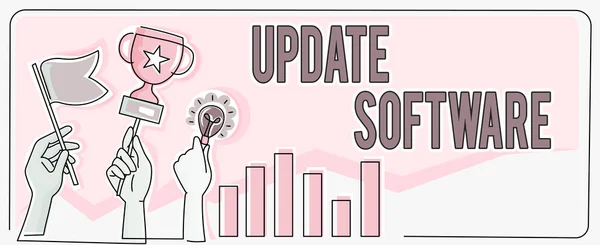 Handschriftliche Text-Update-Software. Geschäftsansatz, der das Programm durch eine neuere Version desselben Produkts ersetzt Hands Holding Flag Goals, Lamp Ideas Trophy Celebrating Success Graph Bars — Stockfoto