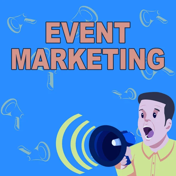 Conceptual caption Event Marketing. Business concept describes process of developing display to promote product Businessman Talking Through Megaphone Making Wonderful New Announcement — Photo