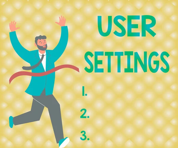 Légende textuelle présentant les paramètres utilisateur. Approche opérationnelle Configuration de l'apparence Système d'exploitation Gentleman personnalisé en costume Courir vers la ligne d'arrivée Célébration du succès — Photo