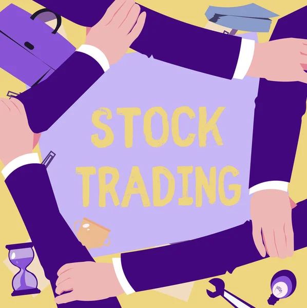Inspiration showing sign Stock Trading. Business concept Buy and Sell of Securities Electronically on the Exchange Floor Four Hands Drawing Holding Arm Together Showing Connection Symbol. — Fotografia de Stock