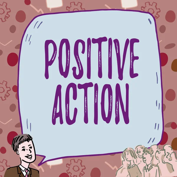 Text sign showing Positive Action. Concept meaning doing good attitude against certain situation Fine reaction Businessman With Large Speech Bubble Talking To Crowd Presenting New Ideas — Stock Fotó