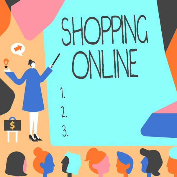 Text sign showing Shopping Online. Business concept buying you want through internet website then deliver it Lady Pointing Backdrop Presenting Newest Successfull Financial Strategies. — ストック写真