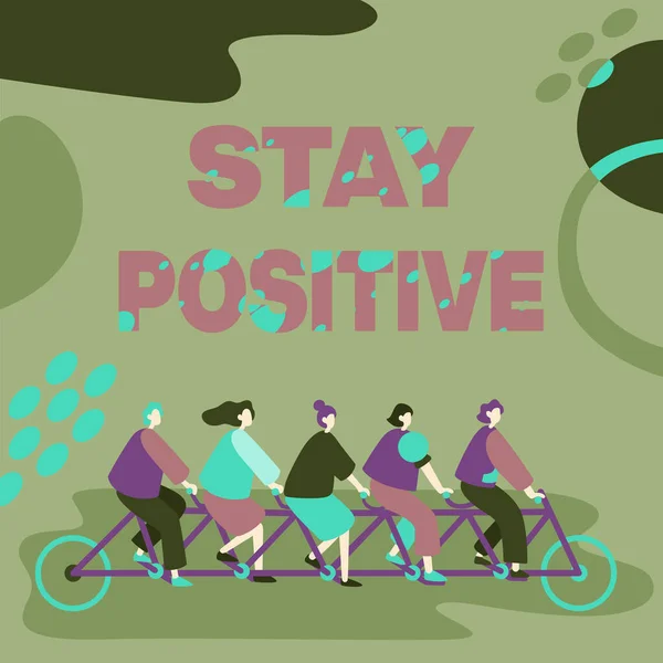Inspirasi menunjukkan tanda Tetap Positif. Konsep Internet Terlibat dalam Meningkatkan Pikiran Jadilah Optimistik dan Real Colleagues Mengendarai Sepeda Mewakili Kerja Tim Sukses Memecahkan Masalah. — Stok Foto
