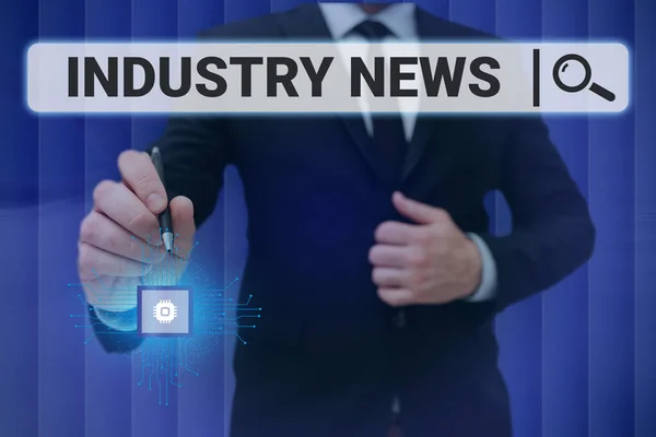 Conceptual display Industry News. Business idea Technical Market Report Manufacturing Trade Builder Man holding Screen Of Mobile Phone Showing The Futuristic Technology. — Stock Fotó