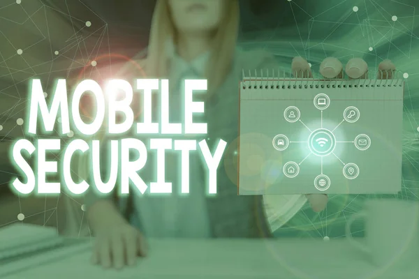 Conceptual caption Mobile Security. Business showcase Protection of mobile phone from threats and vulnerabilities Lady Pressing Screen Of Mobile Phone Showing The Futuristic Technology — 스톡 사진