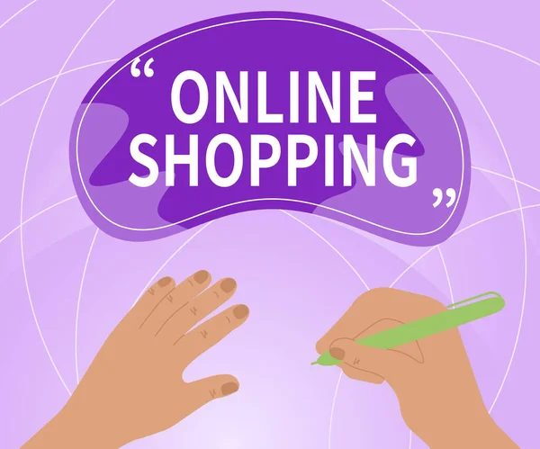 Tekst bijschrift presenteren Online winkelen. Business showcase stelt consumenten in staat om hun goederen te kopen via het internet handen met behulp van potlood Strategiseren Nieuwste Innovatieve Creatieve Doelstellingen. — Stockfoto