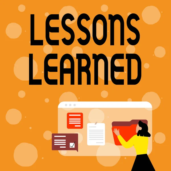Text sign showing Lessons Learned. Business concept Promote share and use knowledge derived from experience Woman Arranging Browser History, Editing Organizing Online Files, — Stock fotografie