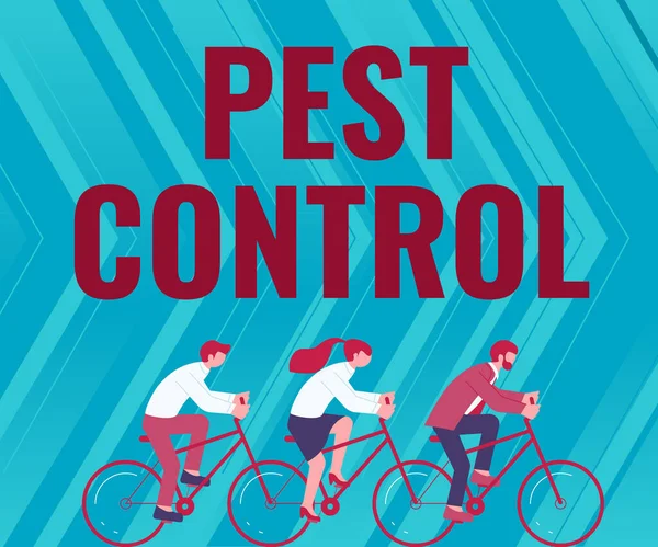 Handwriting text Pest Control. Business overview Killing destructive insects that attacks crops and livestock Three Colleagues Riding Bicycle Representing Successful Teamwork. — Stok fotoğraf