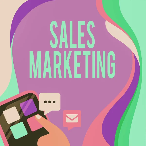 Text caption presenting Sales Marketing. Business idea introducing product or service in order to get bought Finger Pressing Application Button Presenting Global Network Connection. — kuvapankkivalokuva