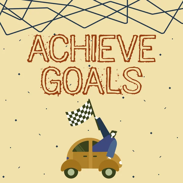 Text showing inspiration Achieve Goals. Business showcase Results oriented Reach Target Effective Planning Succeed Businessman Waving Banner From Vehicle Racing Towards Successful Future. — Zdjęcie stockowe