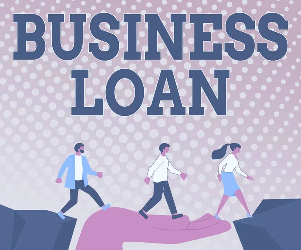 Text sign showing Business Loan. Word for Credit Mortgage Financial Assistance Cash Advances Debt Colleagues Crossing Obstacles Hand Bridge Presenting Teamwork Collaboration. — Stockfoto