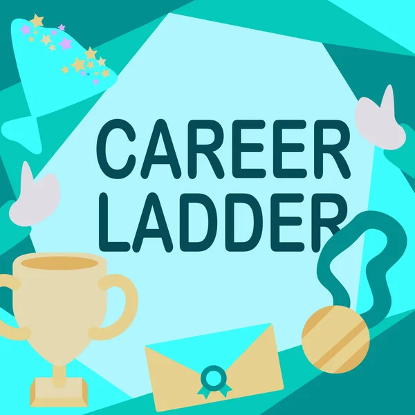 Conceptual caption Career Ladder. Internet Concept Job Promotion Professional Progress Upward Mobility Achiever People Congratulating Success Presenting Earned Trophy Medals. — Stok fotoğraf