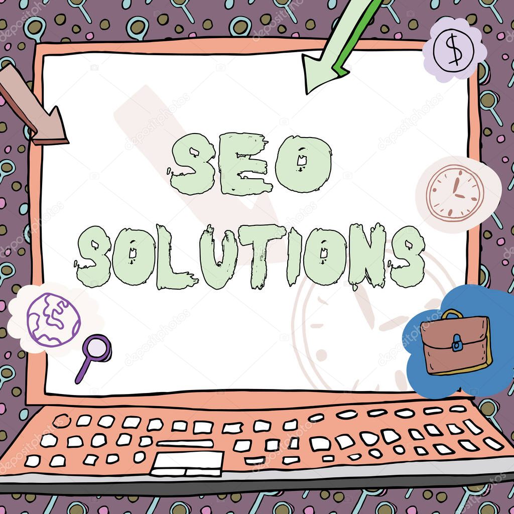 Writing displaying text Seo Solutions. Word Written on Search Engine Result Page Increase Visitors by Rankings Poster decorated with monetary symbols displaying punctuality of employees.