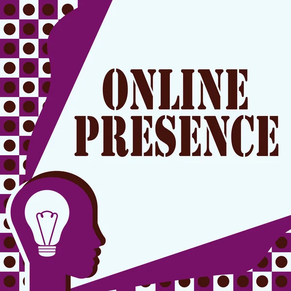 Text sign showing Online Presence. Business idea existence of someone that can be found via an online search Head With Illuminated Light Bulb With Showing Technology Ideas. — Stockfoto