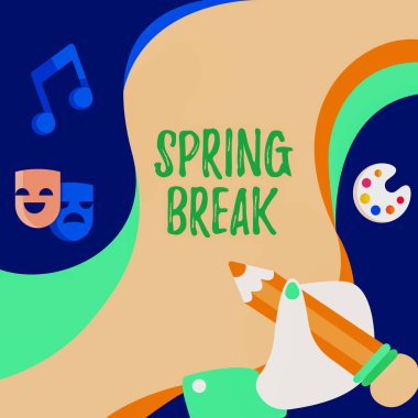 Metin Bahar Tatili gösterimi yazılıyor. Okuldaki iş konsepti tatili dönemi ve bahar döneminde üniversiteler En Yeni Yenilikçi Yaratıcı Planlar Stratejisi Kullanılıyor.