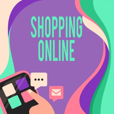 Metin gösterimi yazılıyor Alışveriş İnterneti. İnternet sitesi üzerinden istediğiniz iş genel görünümü alımı sonra Küresel Ağ Bağlantısını Sunan Parmak Basma Uygulama Düğmesi.