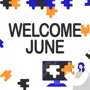 Hoş geldin işareti Haziran 'ı gösteriyor. Takvimdeki Sözcük İkinci Çeyrek Takvimde Yazıldı. 30 Gün Bayan Bulmaca Parçası Sunar Yenilikçi Sorun Çözme Fikirlerini Sunar.