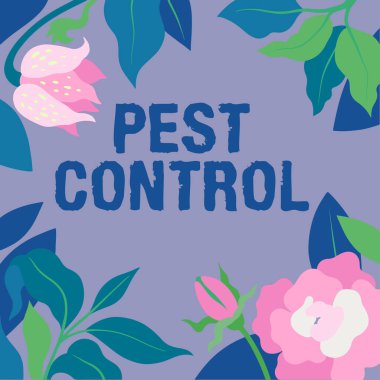 Kavramsal manşet Haşere Kontrol. Renkli çiçekler ve ahenkli düzenlenmiş yeşilliklerle süslenmiş mahsullere ve çiftlik hayvanlarına saldıran zararlı böceklerin öldürülmesi..