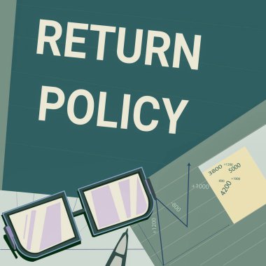İade Politikası 'nı gösteren metin işareti. İş Fikri Vergisi İade Şartları ve Satın Alma Kağıtları Masada oturan tablolar, hesaplama finansal planlarını içeren koşullar.