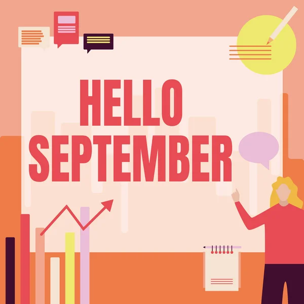 Writing displaying text Hello September. Word for Eagerly wanting a warm welcome to the month of September Businesswoman Casual Standing Presenting Charts And New Wonderful Ideas. — Stockfoto