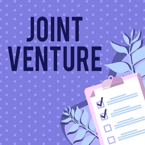 Schrijven met tekst Joint Venture. Zakelijke aanpak Samenwerking Partijen Partnerschap Team Klembord Tekening Met Checklist gemarkeerde items op de lijst. — Stockfoto