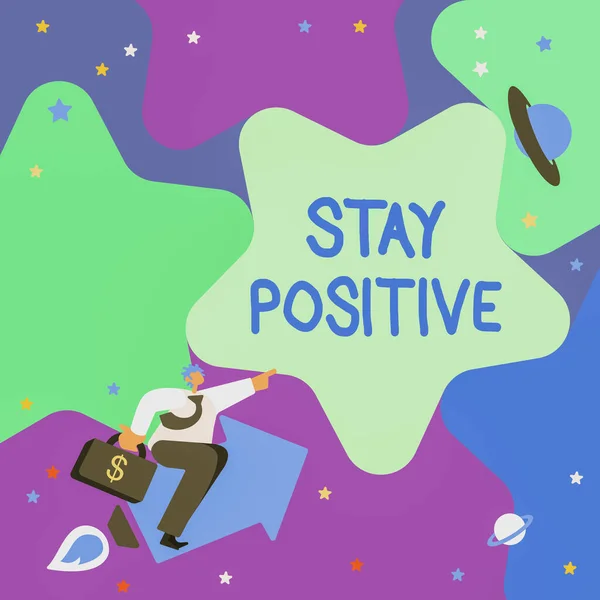 Writing displaying text Stay Positive. Conceptual photo Engage in Uplifting Thoughts Be Optimistic and Real Gentleman Pointing Finger Star Representing Financial Success. — Stockfoto