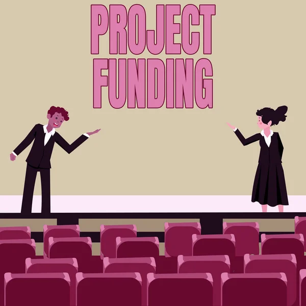 Text caption presenting Project Funding. Concept meaning paying for start up in order make it bigger and successful Male and female colleagues doing presentation on stage with hand gestures. — Stock fotografie