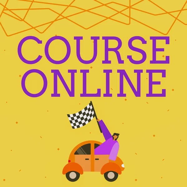 Handwriting text Course Online. Conceptual photo eLearning Electronic Education Distant Study Digital Class Businessman Waving Banner From Vehicle Racing Towards Successful Future. — 스톡 사진