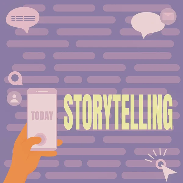 ストーリーテリングの表示にサインします。ビジネスショーケース社会的、文化的活動で演劇的ジェスチャーハンズホールディング技術デバイスを押すアプリケーションボタン. — ストック写真