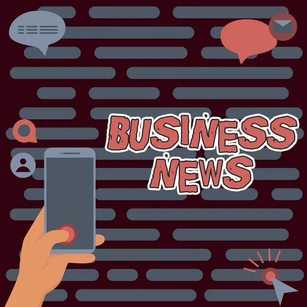 Conceptual caption Business News. Business showcase Commercial Notice Trade Report Market Update Corporate Insight Hands Holding Technological Device Pressing Application Button. — 스톡 사진