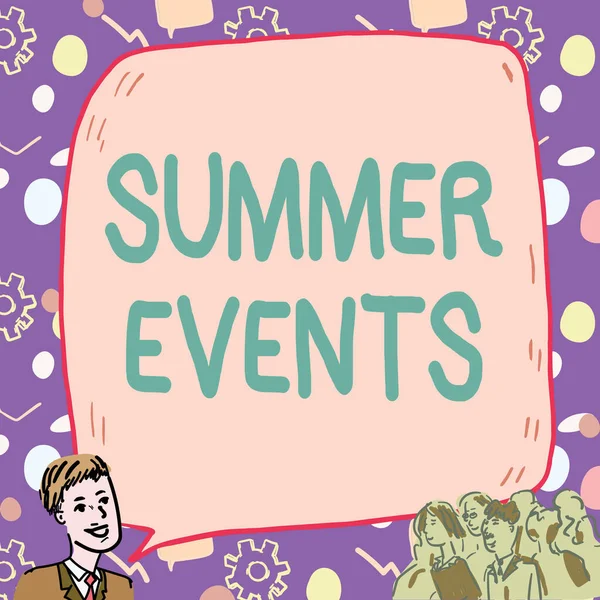 Writing displaying text Summer Events. Business concept Celebration Events that takes place during summertime Businessman With Large Speech Bubble Talking To Crowd Presenting New Ideas — Fotografia de Stock