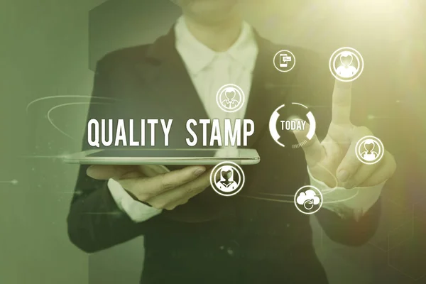 Text caption presenting Quality Stamp. Business showcase Seal of Approval Good Impression Qualified Passed Inspection Lady holding tablet symbolizing successful teamwork accomplishments. —  Fotos de Stock