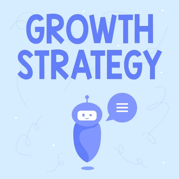 Inspiration showing sign Growth Strategy. Word for Strategy aimed at winning larger market share in shortterm Cute Floating Robot Telling Us New Wonderful Information In A Chat Cloud. — стоковое фото