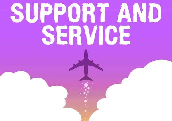 지원 과 서비스를 보여 주는 텍스트 캡션. 비행기의 제품 삽화를 정확하게 사용하는 데 도움이 되는 말. — 스톡 사진