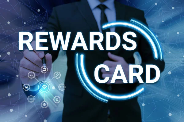 Inspiration showing sign Rewards Card. Word Written on Help earn cash points miles from everyday purchase Incentives Man holding Screen Of Mobile Phone Showing The Futuristic Technology. — Zdjęcie stockowe