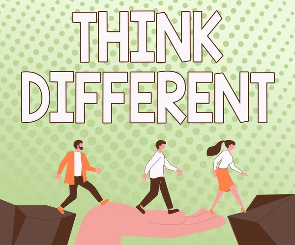 Text sign showing Think Different. Concept meaning be unique with your thoughts or attitude Wind of change Colleagues Crossing Obstacles Hand Bridge Presenting Teamwork Collaboration. — 스톡 사진