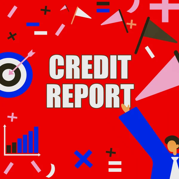 Text showing inspiration Credit Report. Internet Concept Borrowing Rap Sheet Bill and Dues Payment Score Debt History Successful Gentleman In Suit Displaying Current Goal Achievements. — Stockfoto