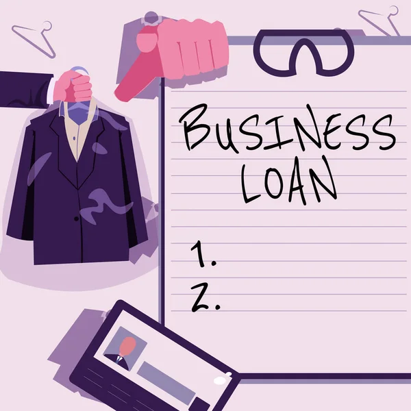 Sign displaying Business Loan. Word for Credit Mortgage Financial Assistance Cash Advances Debt Hands Holding Uniform Showing New Open Career Opportunities. — Foto Stock