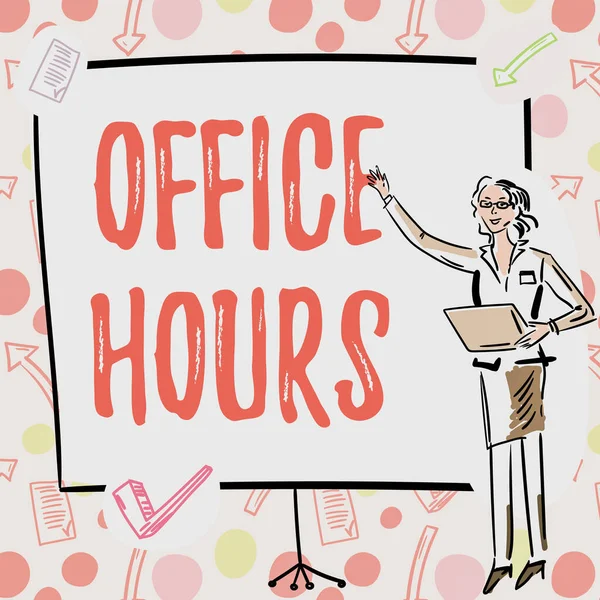Conceptual caption Office Hours. Concept meaning The hours which business is normally conducted Working time Businesswoman Casual Standing Presenting Charts And New Wonderful Ideas. — Stockfoto