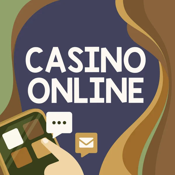 Exhibición conceptual Casino en línea. Concepto que significa juego de póker de computadora Gamble Royal Bet Lotto High Stakes Pulsando el botón de aplicación Presentando la conexión de red global. —  Fotos de Stock